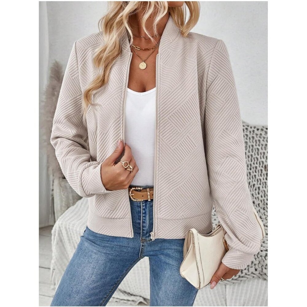 Women's Khaki Zip Up Long Sleeve Bomber Jacket Coat Lightweight Casual Clothes - Picture 6 of 7